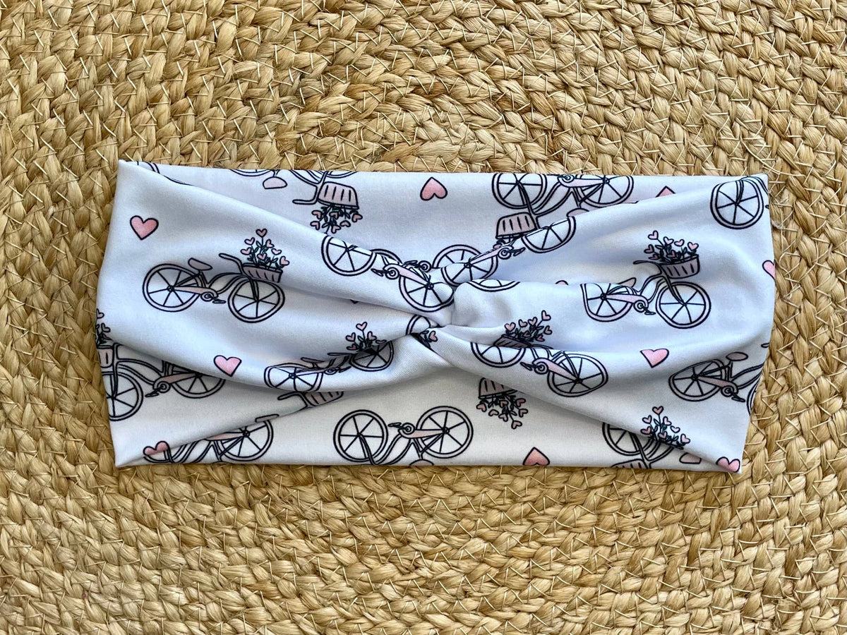 Bikes and Pink Hearts Knit Twist Headband