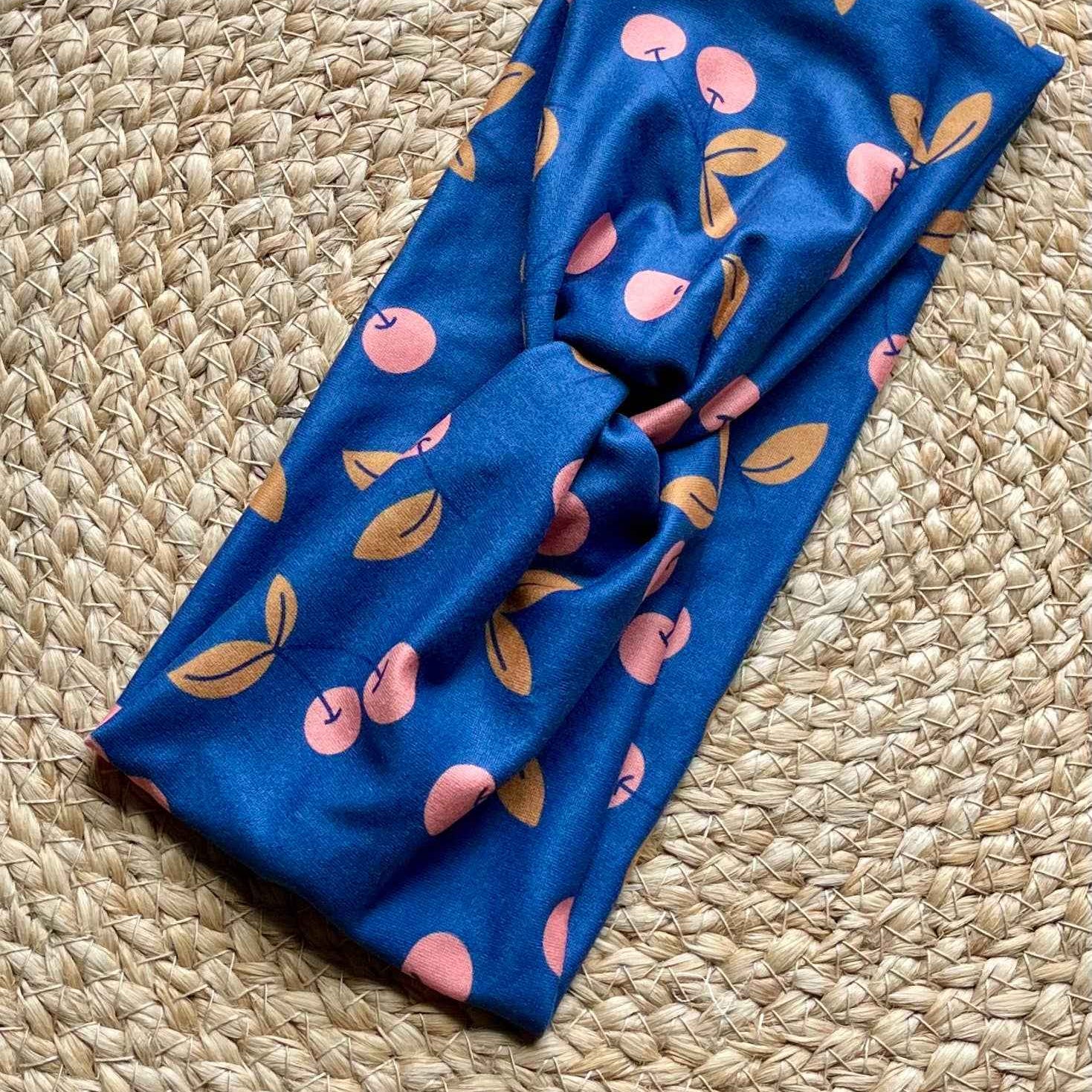 Harvest Cherries Blue Knit Twist Headband