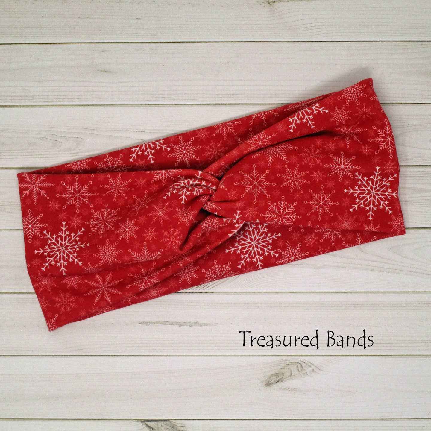 Holiday Snowflakes on Red Comfy Knit Twist Headband