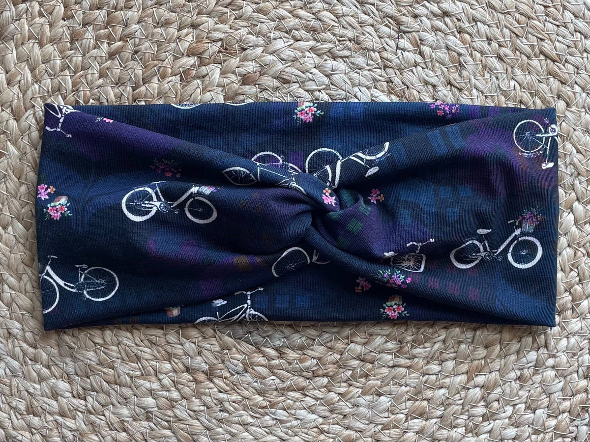 Navy Bikes with Flowers Knit Twist Headband
