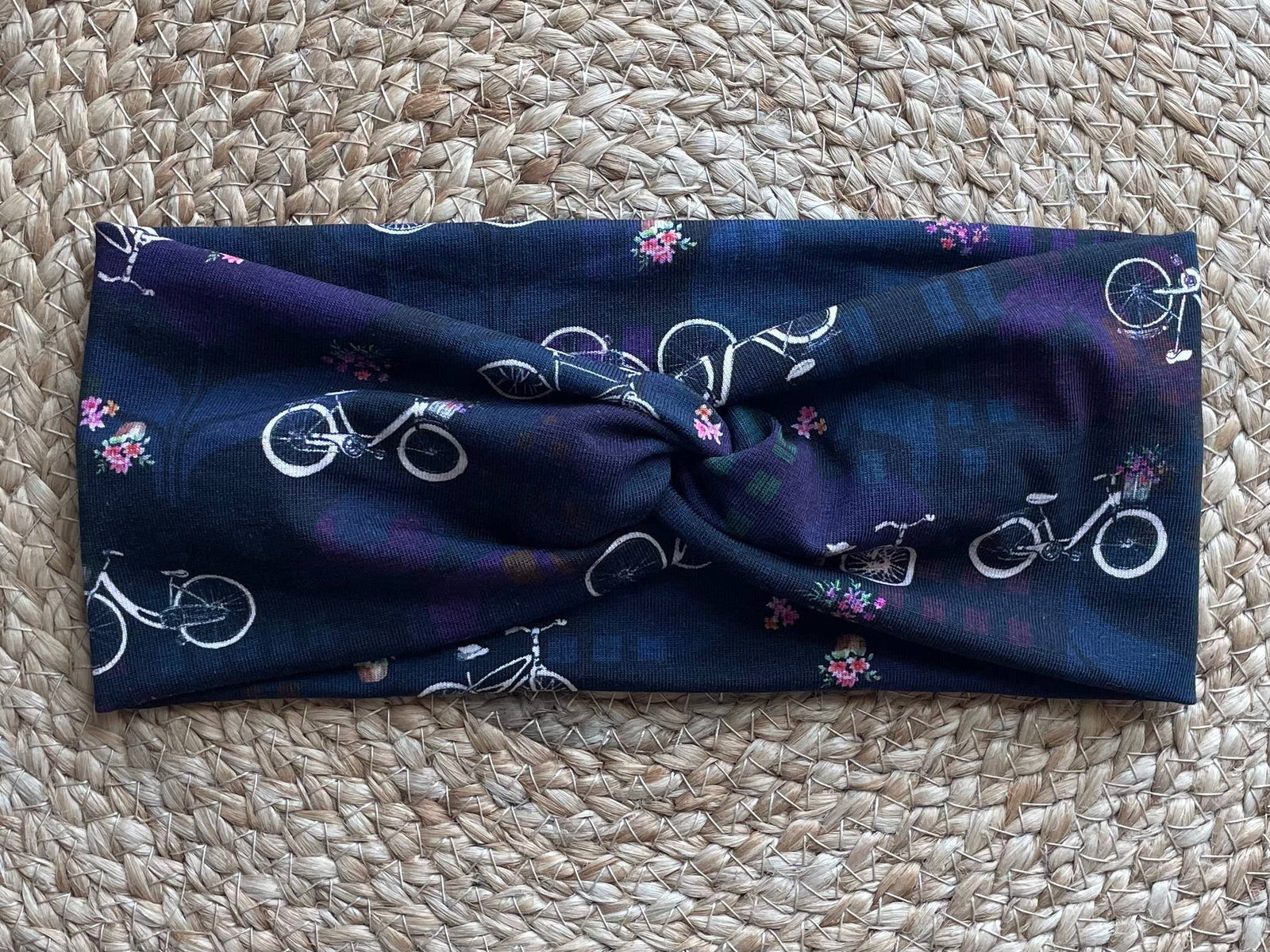 Navy Bikes with Flowers Knit Twist Headband