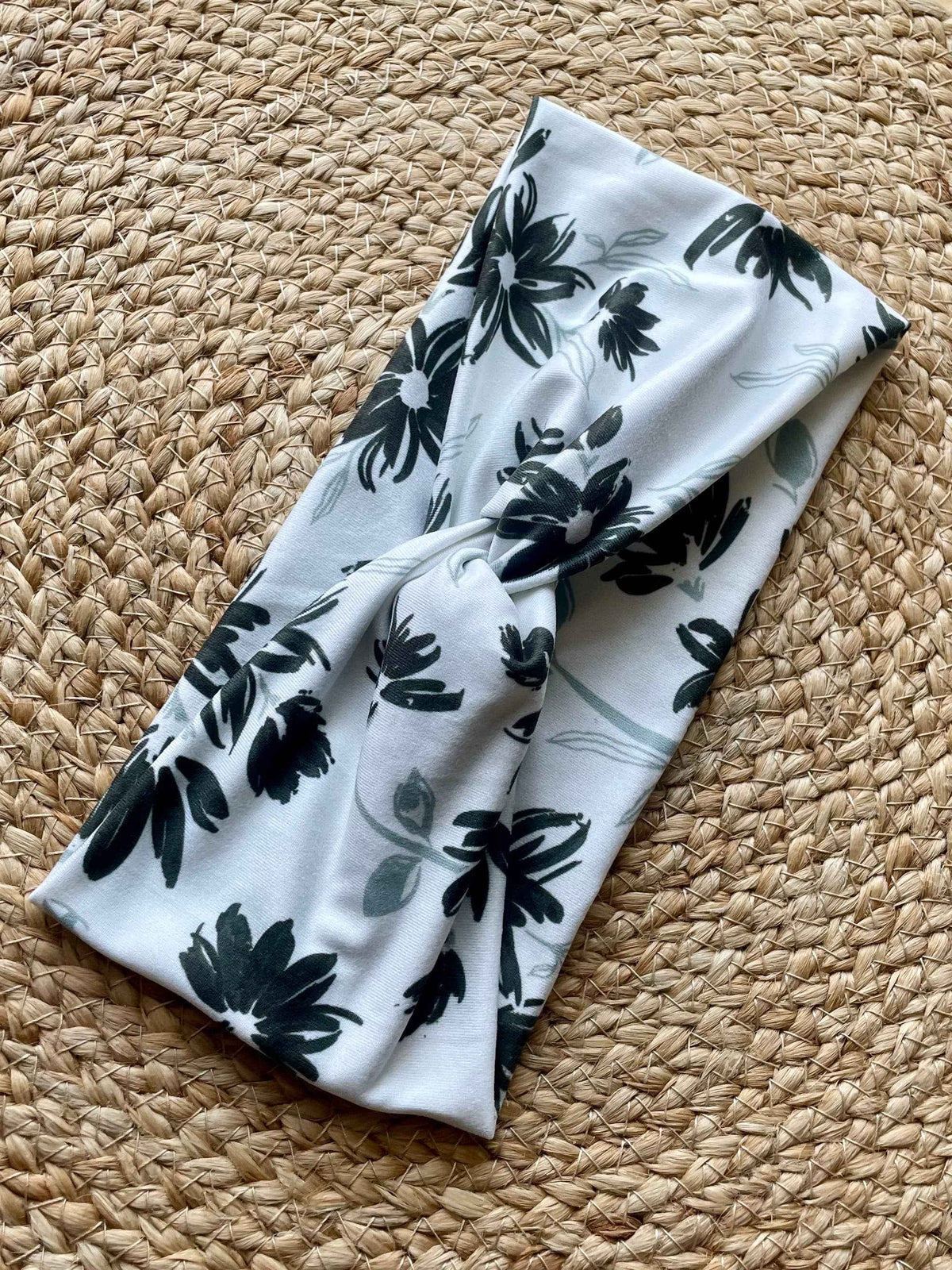 Eloquent Black and White Floral Knit Twist Headband