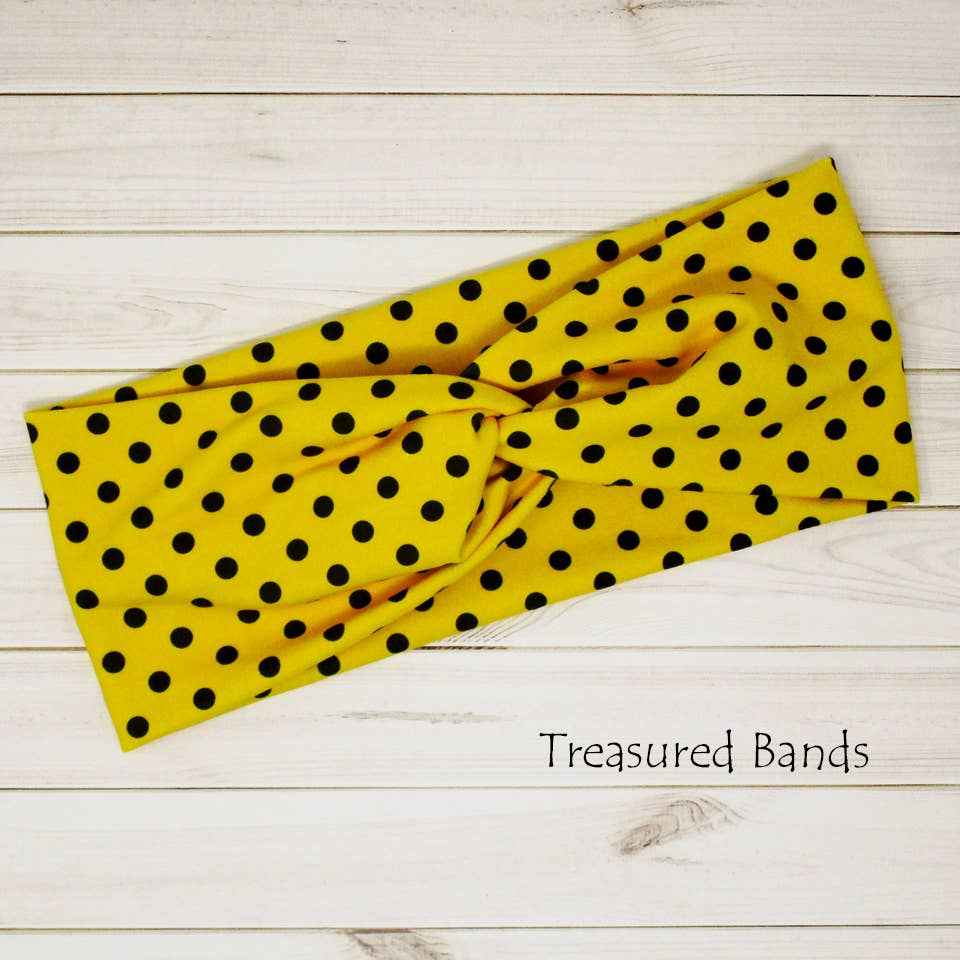 Black Polka Dots on Yellow Knit Wide Twist Headband