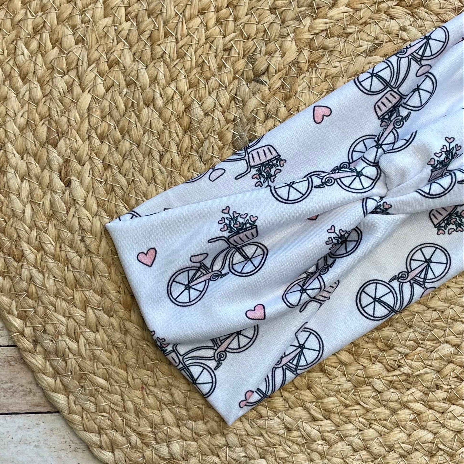 Bikes and Pink Hearts Knit Twist Headband