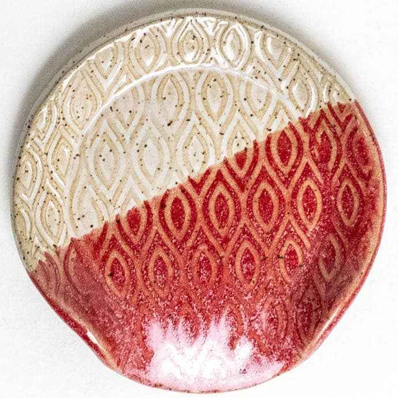 Patterned Red & White Ceramic Spoon Rest Handmade