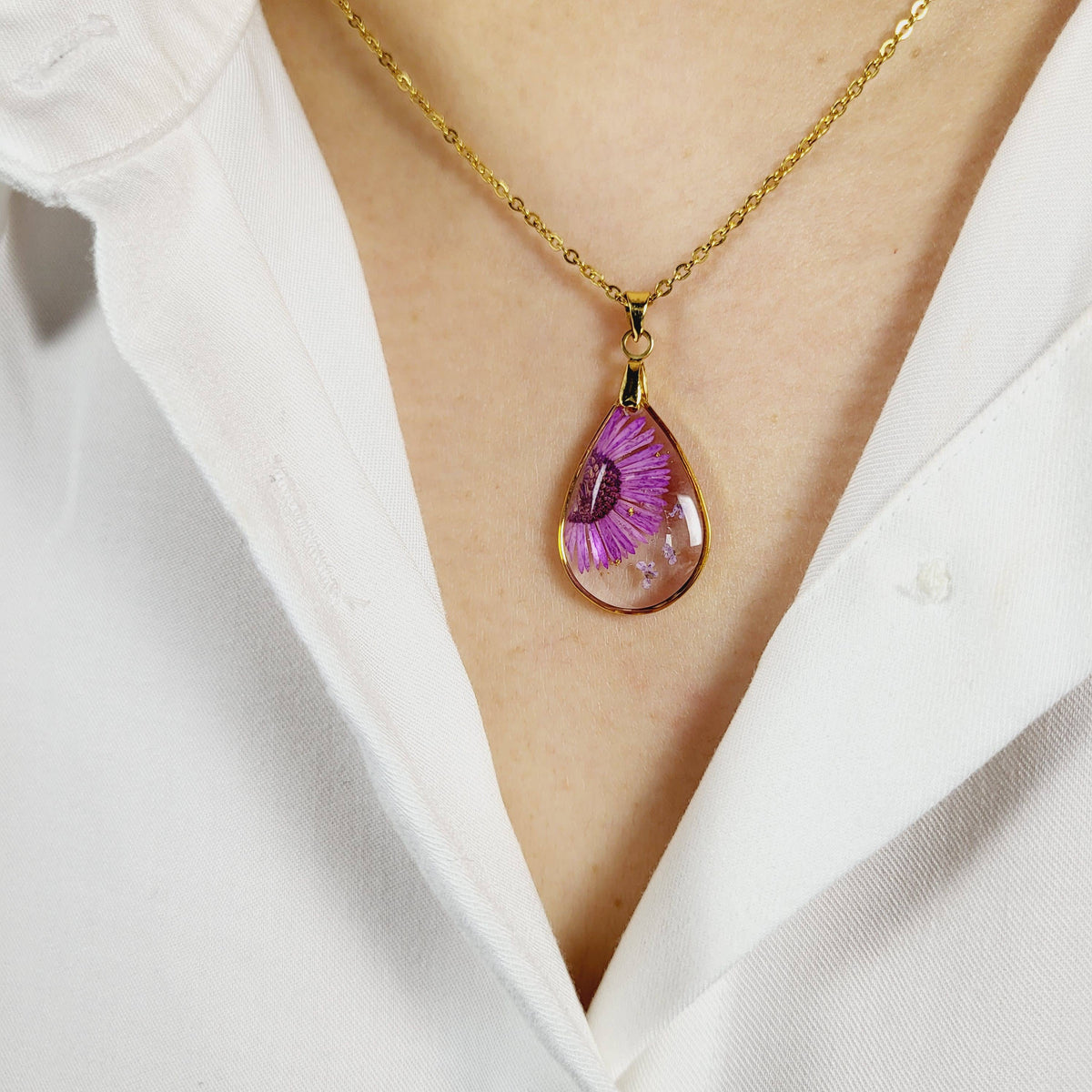 Aster (September Birth Flower) Pressed Flower Necklace