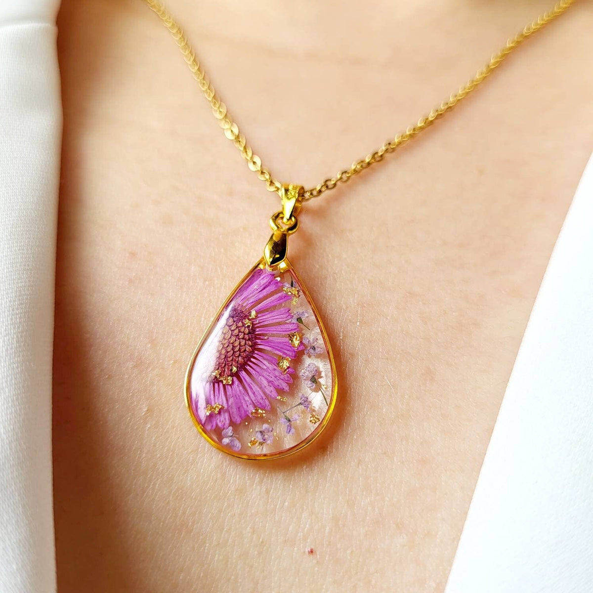 Aster (September Birth Flower) Pressed Flower Necklace