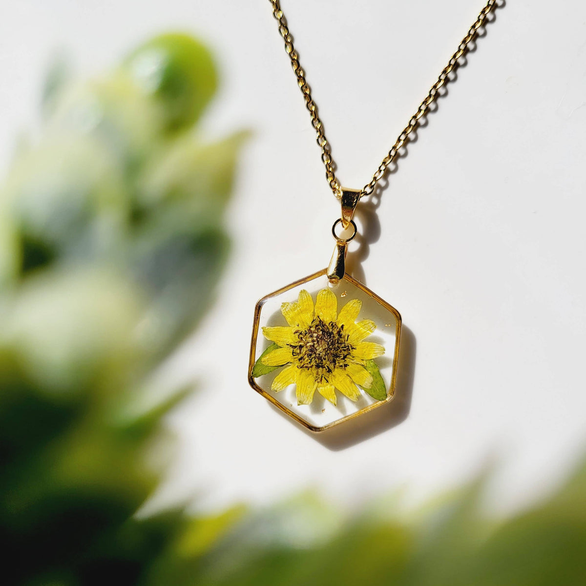 Sunflower | Hexagon Pressed Flower Necklace