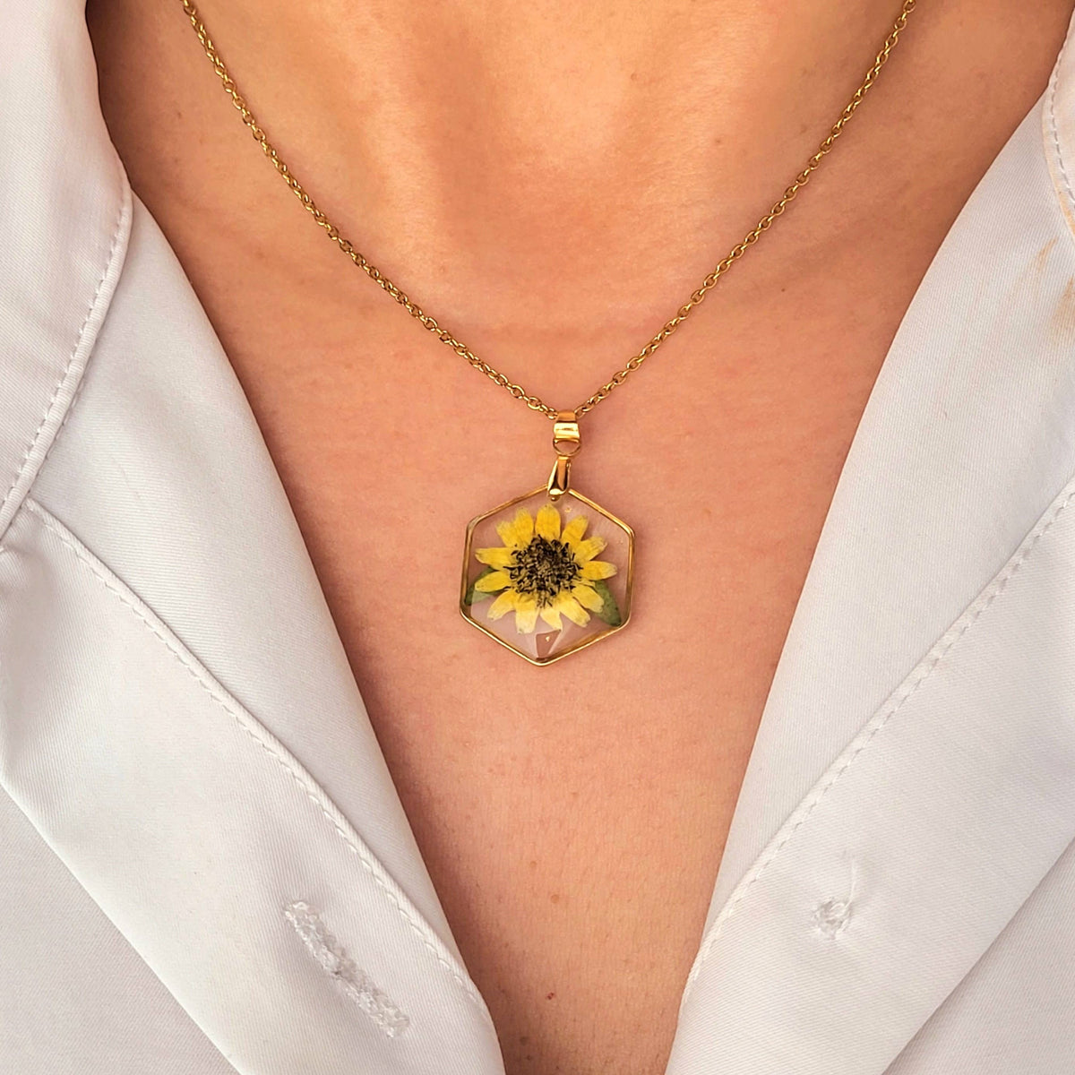 Sunflower | Hexagon Pressed Flower Necklace