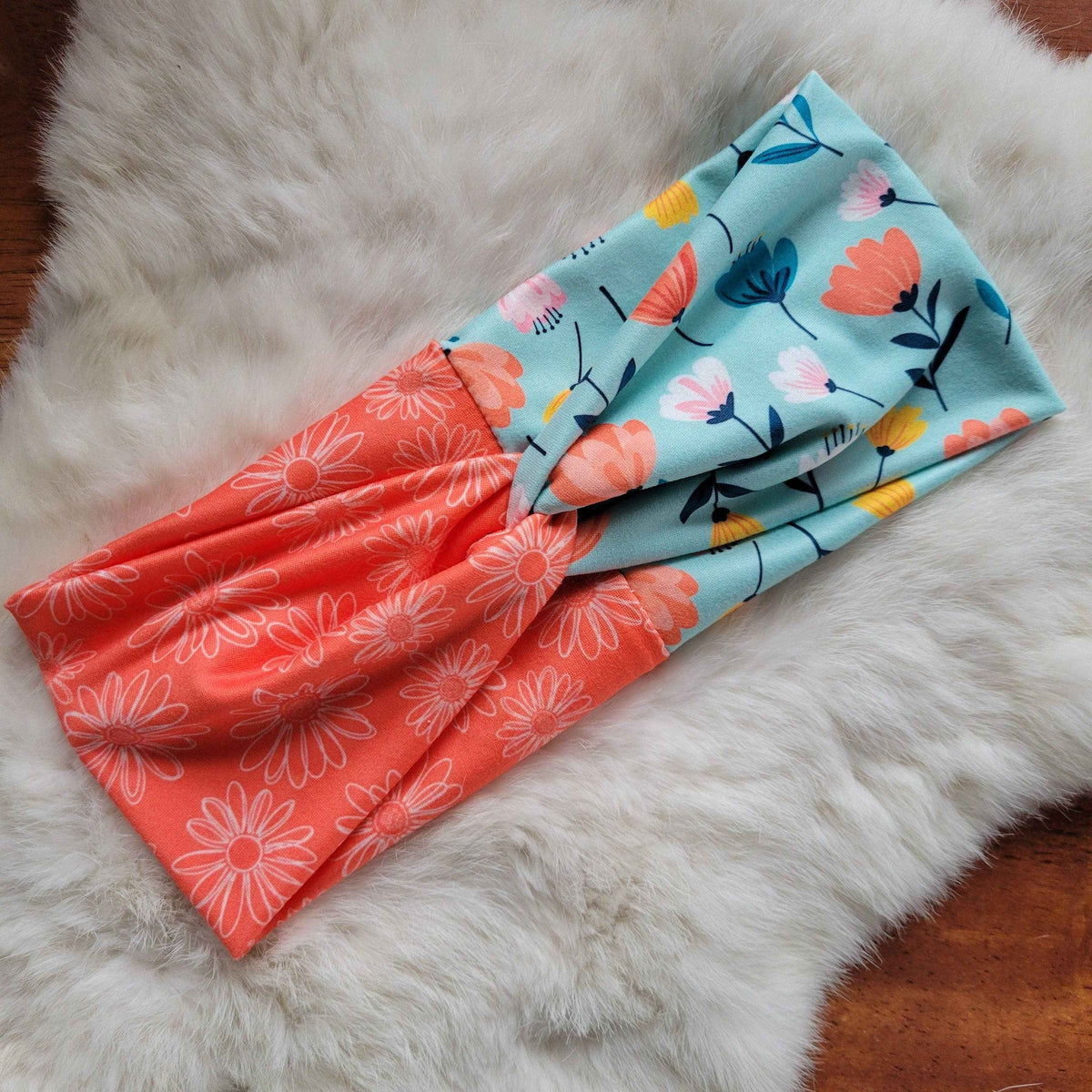 Springy Orange and Blue Floral Dual Pattern Headband
