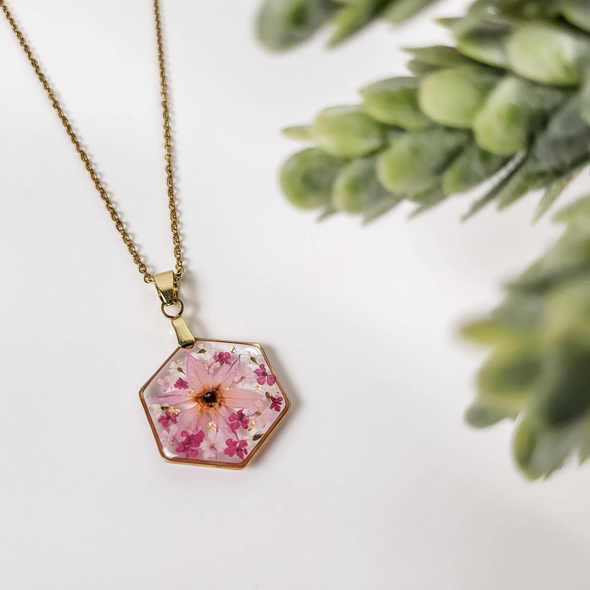 Pink Star Flower | Gold Hexagon Pressed Flower Necklace