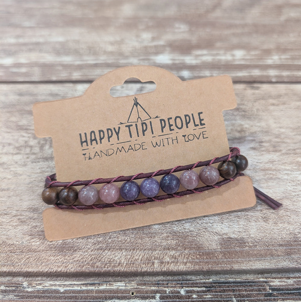 Rosewood, Strawberry Quartz &amp; Lepidolite Bracelet | 7-8.5&quot;
