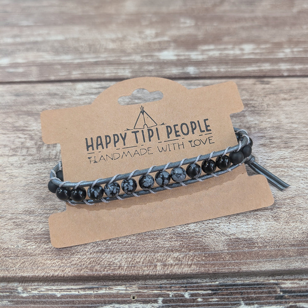 Onyx, Obsidian &amp; Snowflake Jasper Bracelet | 7.5-9&quot;