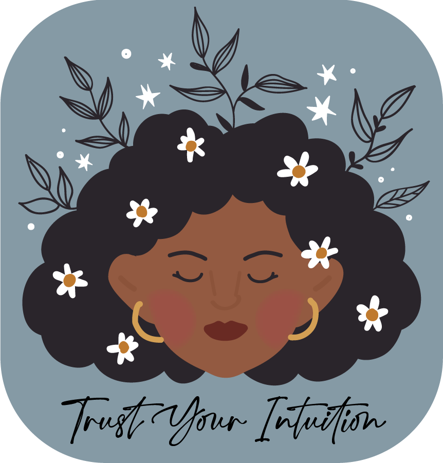Trust Your Intuition Vinyl Sticker - image of female person of color&#39;s face with flowers in her hair