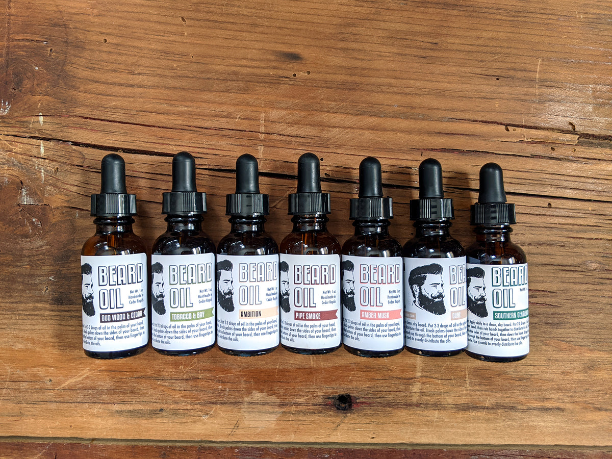 beard oils arranged in a row