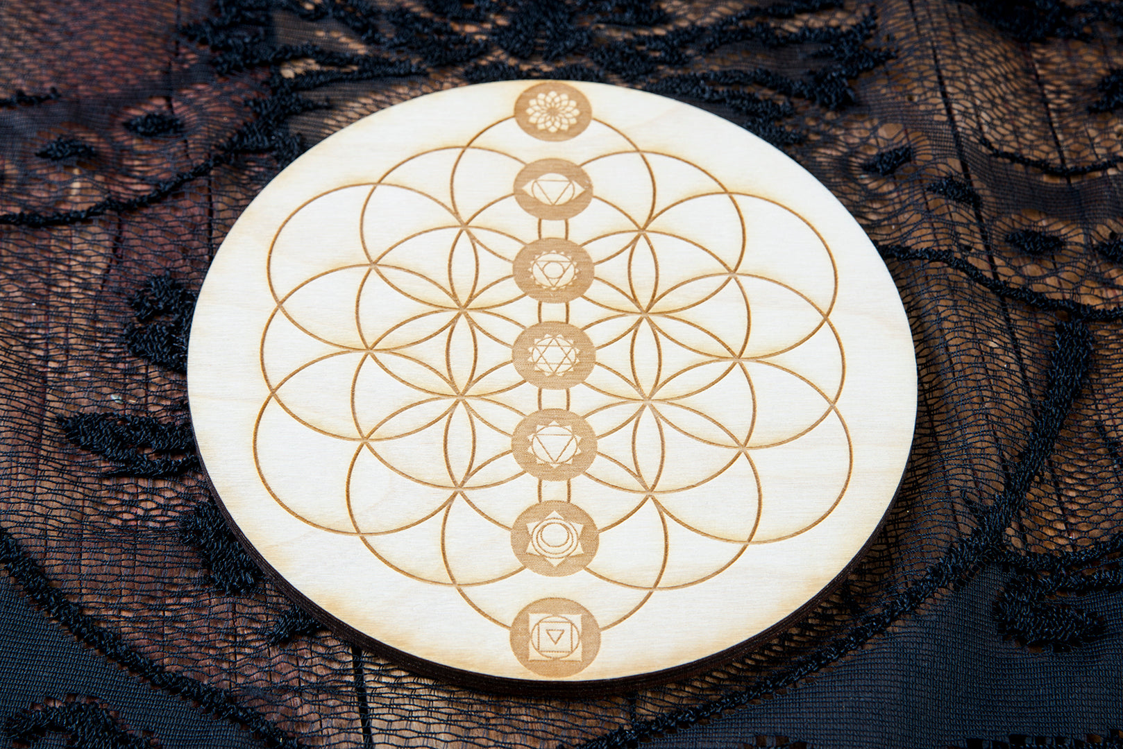 Flower of Life Chakra Crystal Grid Board | Birch Wood